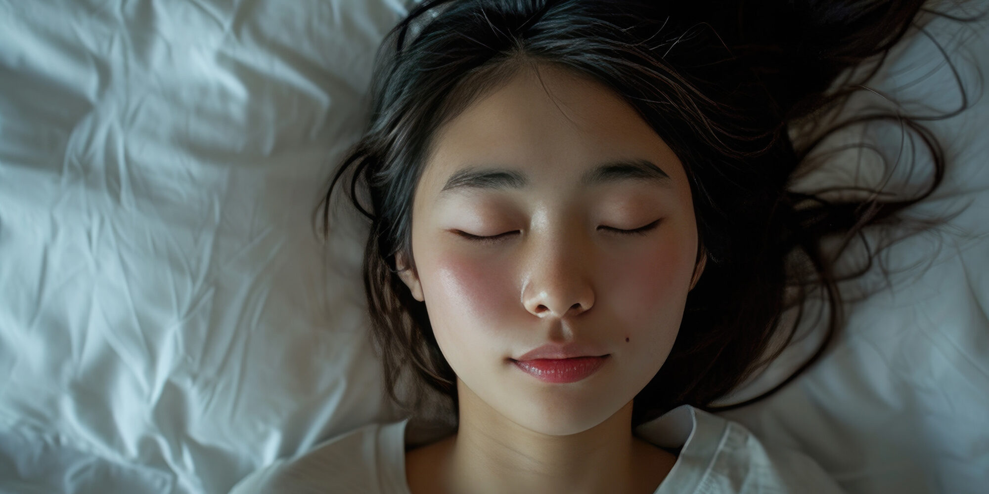 sleeping young asian woman lies in bed with eyes closed
