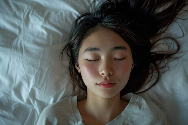 sleeping young asian woman lies in bed with eyes closed